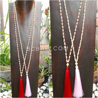 wood beige natural bead tassels necklace 4color ethnic design